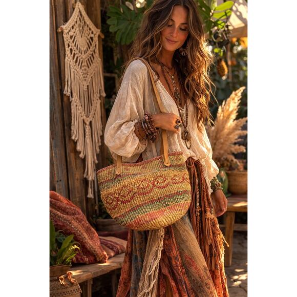 Vintage Handbags - Vintage Woven Wicker Rattan Straw Handbag Tote Purse Bag Leather Straps